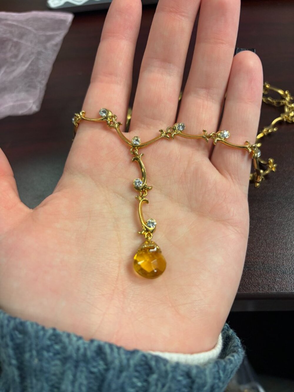 Gold Necklace with Yellow Gem and Crystals